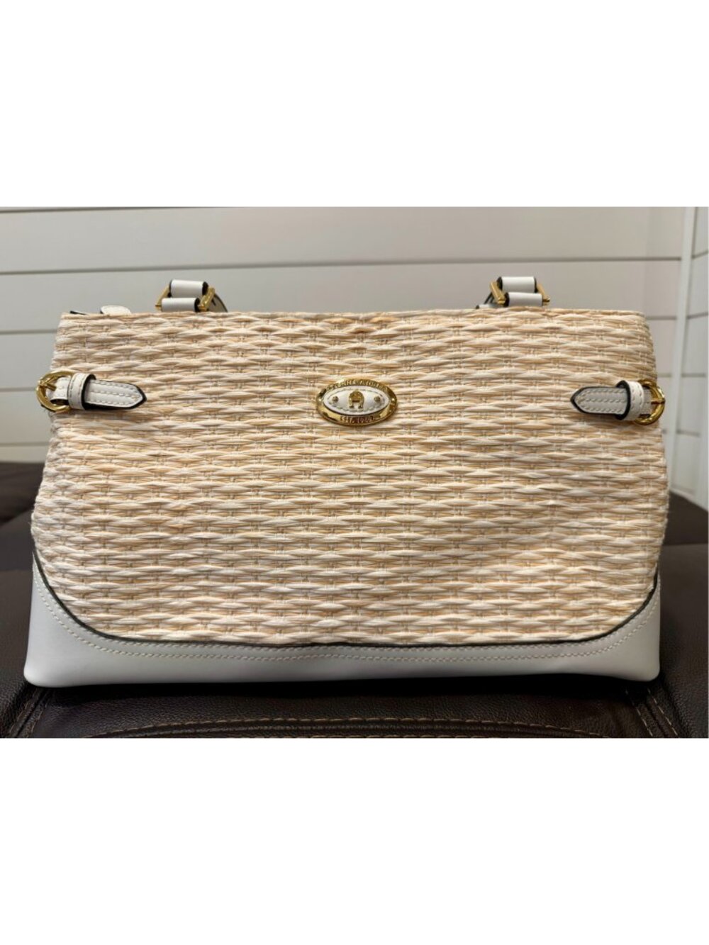 Etienne Aigner Woven Straw Shoulder Bag White Tan Gold Paisley 3690 - Picture 3 of 16